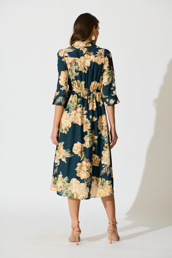 Bloom Midi Dress in Teal with Cream Floral back