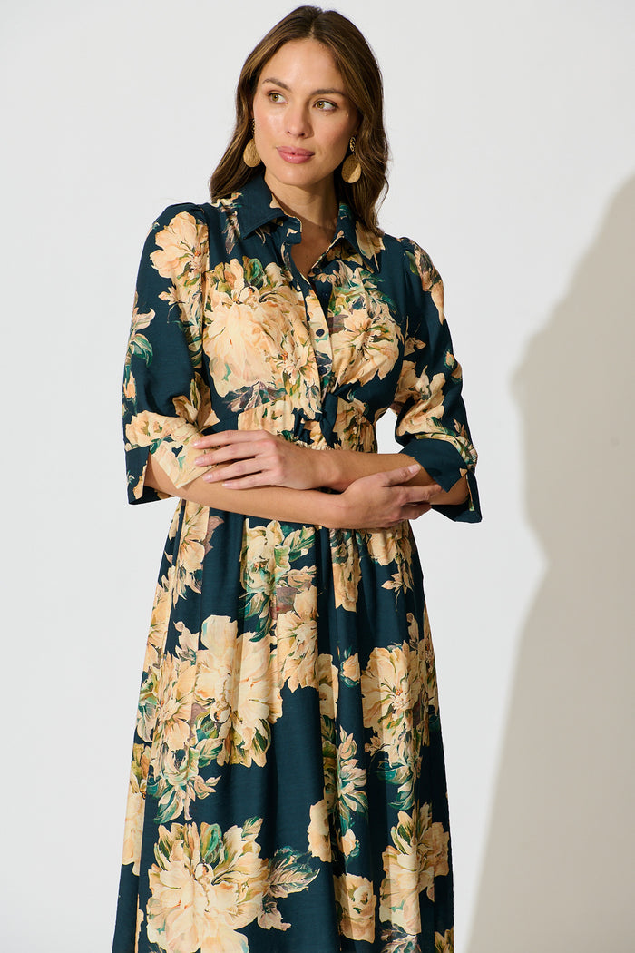 Bloom Midi Dress in Teal with Cream Floral front