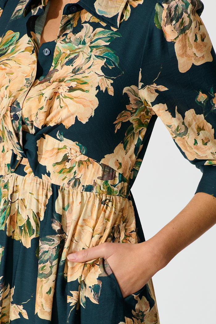 Bloom Midi Dress in Teal with Cream Floral detail