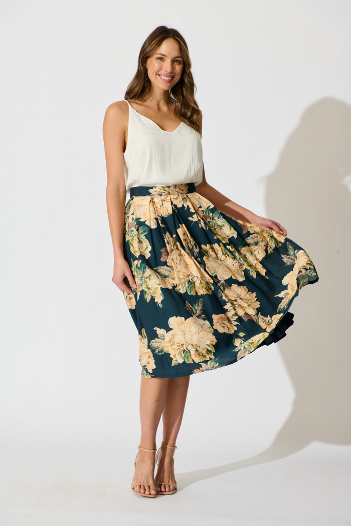 Fleurette Midi Skirt in Teal with Cream Floral full length