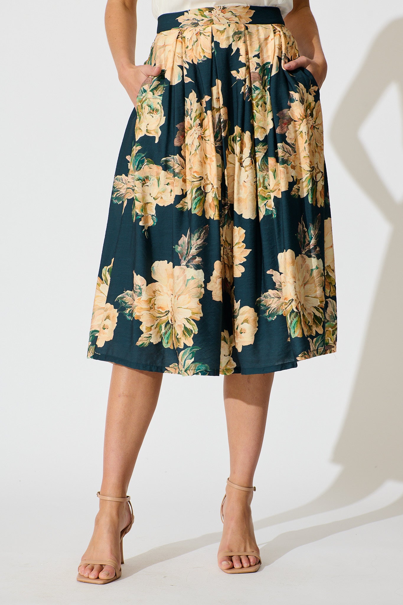 Fleurette Midi Skirt in Teal with Cream Floral front