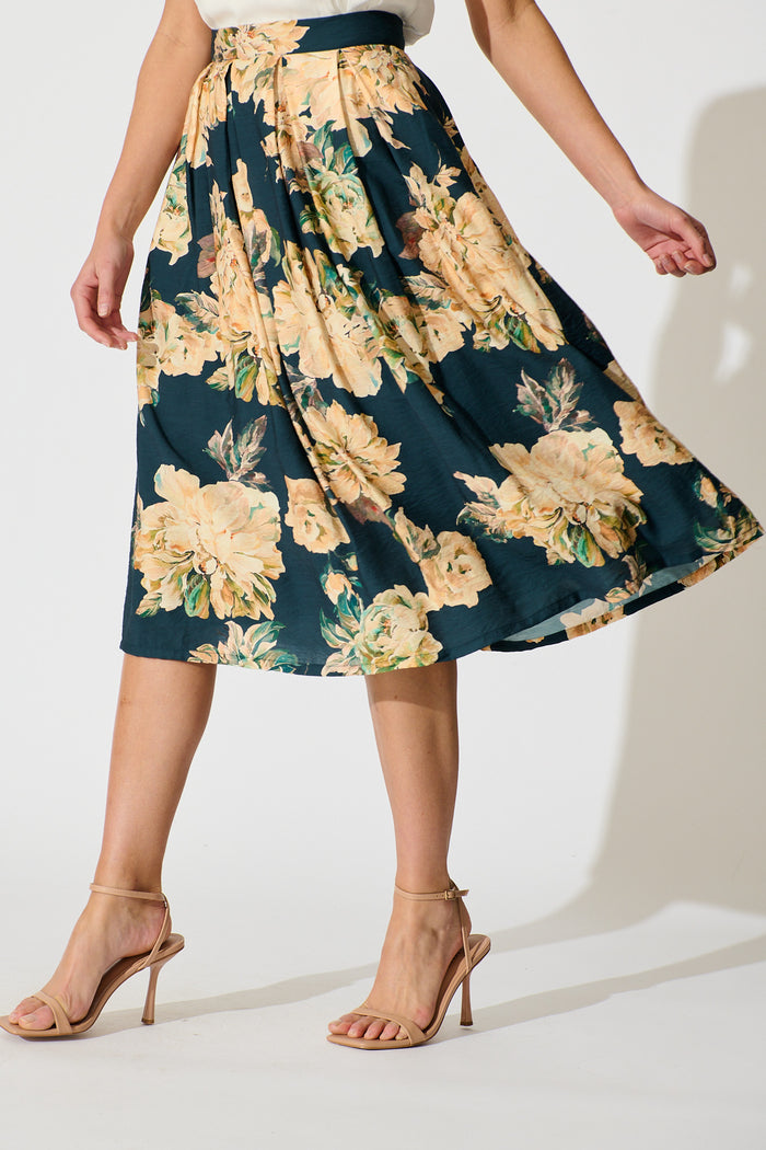 Fleurette Midi Skirt in Teal with Cream Floral side