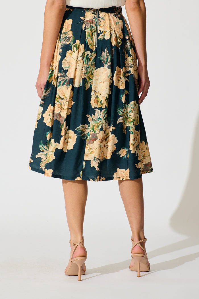 Fleurette Midi Skirt in Teal with Cream Floral back