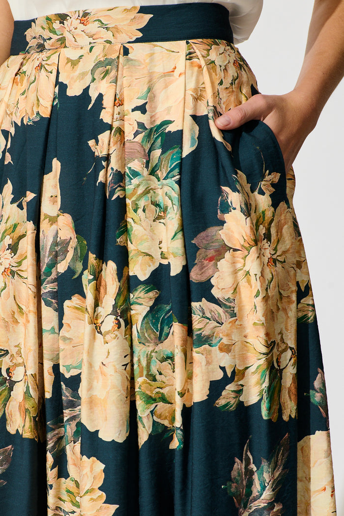 Fleurette Midi Skirt in Teal with Cream Floral detail