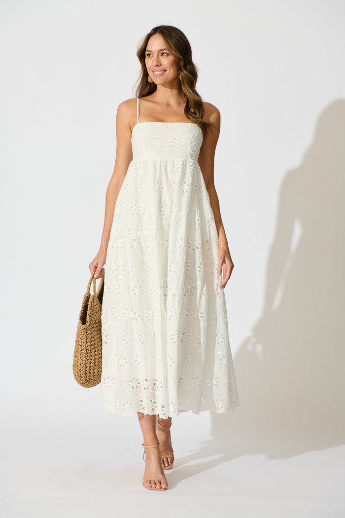 Lily Muse Maxi Sundress in White Embroidery Cotton | St Frock Lily Muse Maxi Sundress in White Embroidery Cotton | St Frock