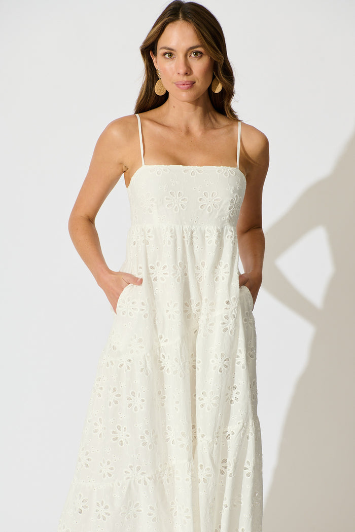Lily Muse Maxi Sundress in White Embroidery Cotton front