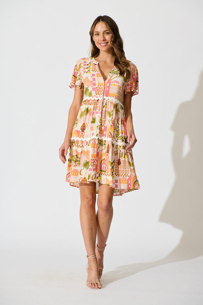 Hayati Smock Dress in Multi Beige Print With Ric Rac Trim full length