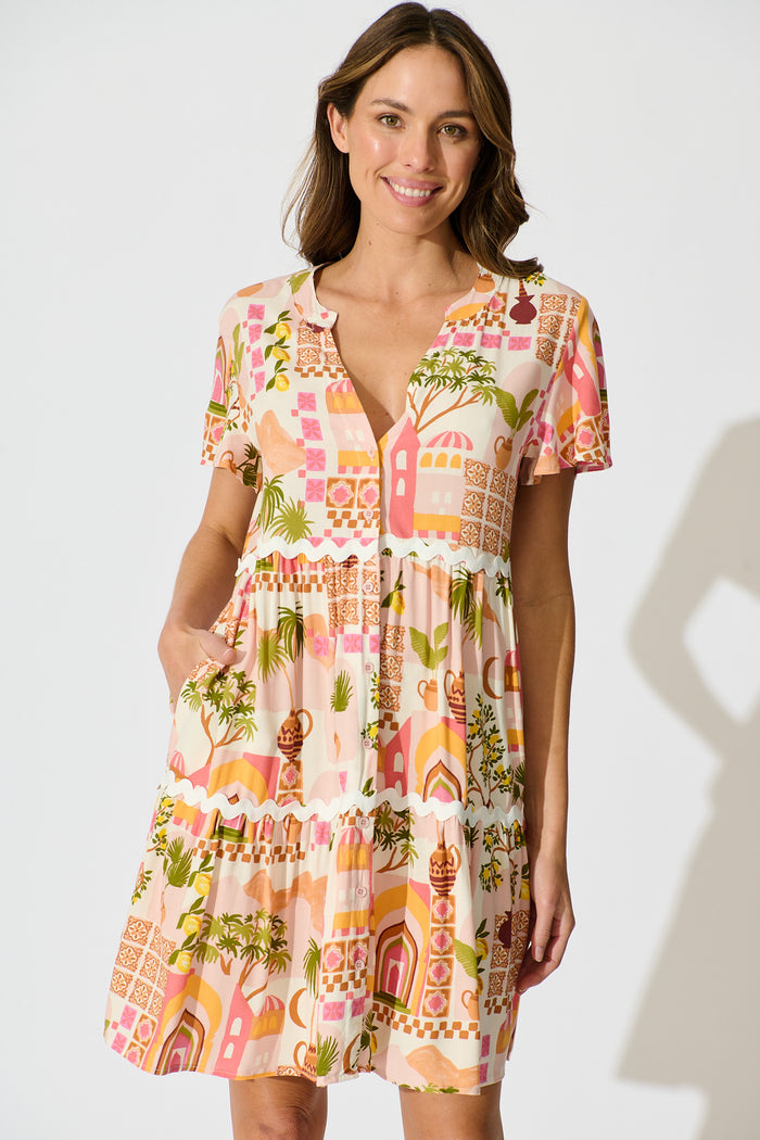 Hayati Smock Dress in Multi Beige Print With Ric Rac Trim front