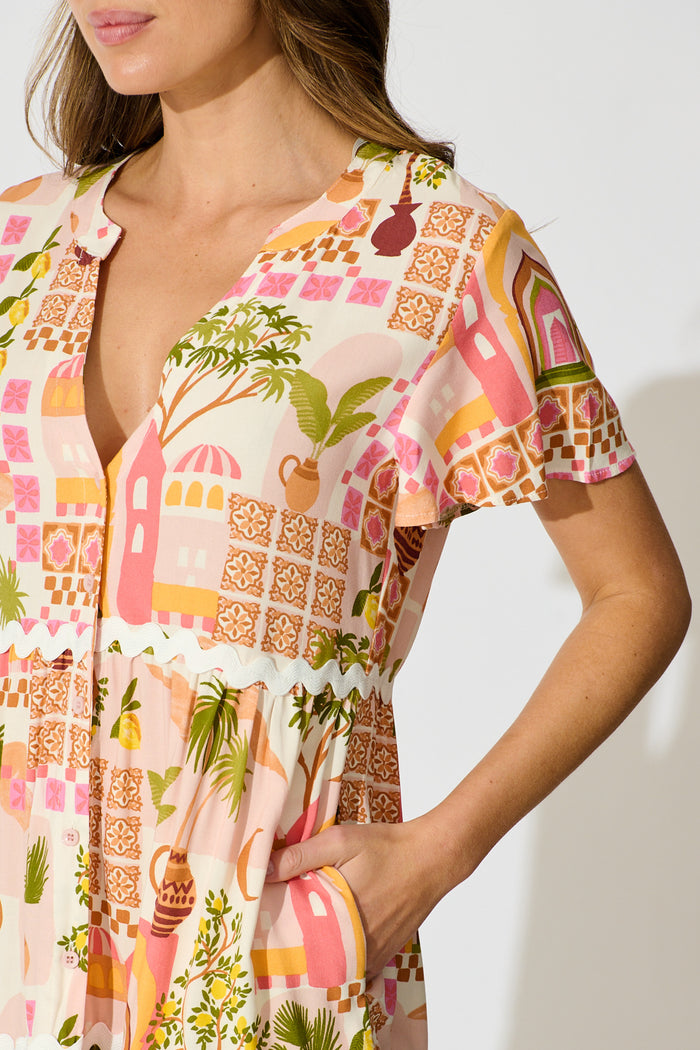 Hayati Smock Dress in Multi Beige Print With Ric Rac Trim detail