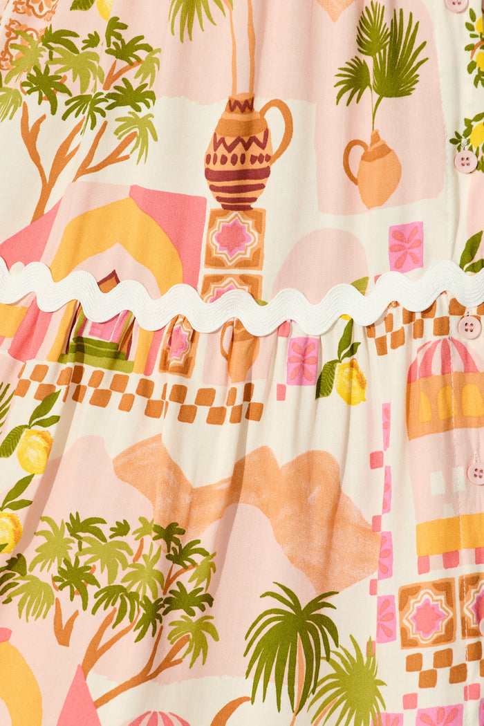 Hayati Smock Dress in Multi Beige Print With Ric Rac Trim fabric