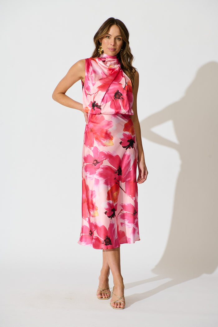 Visions Maxi Dress in Pink Floral Satin Visions Maxi Dress in Pink Floral Satin