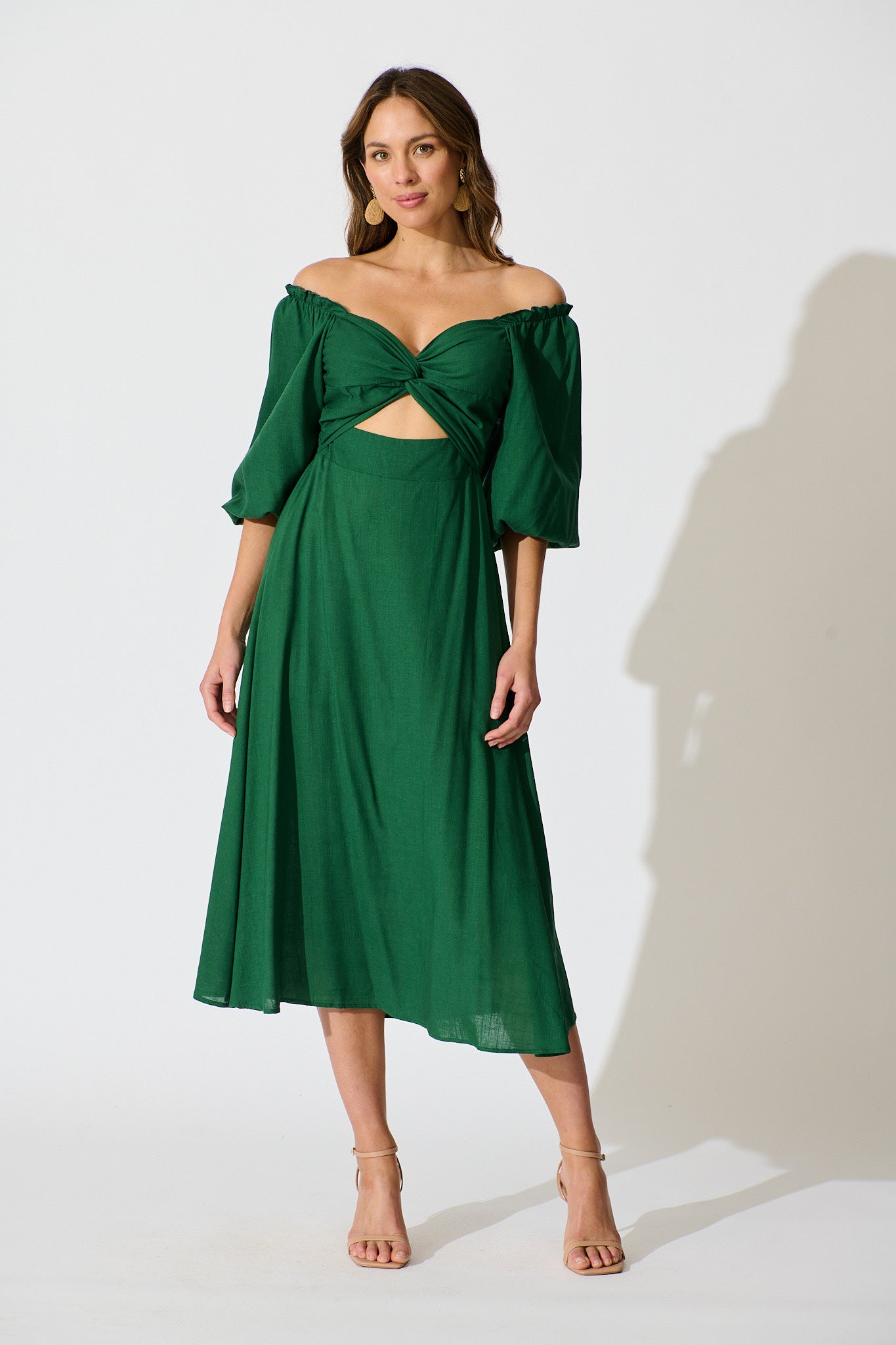 chinese dress ladies Solana Midi Dress in Emerald Linen Blend