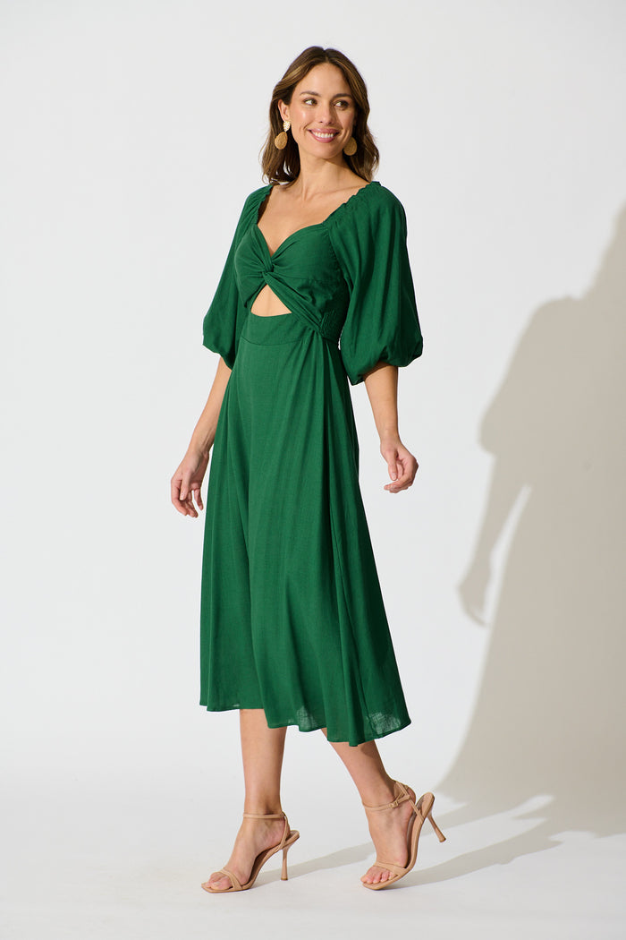 Solana Midi Dress in Emerald Linen Blend side