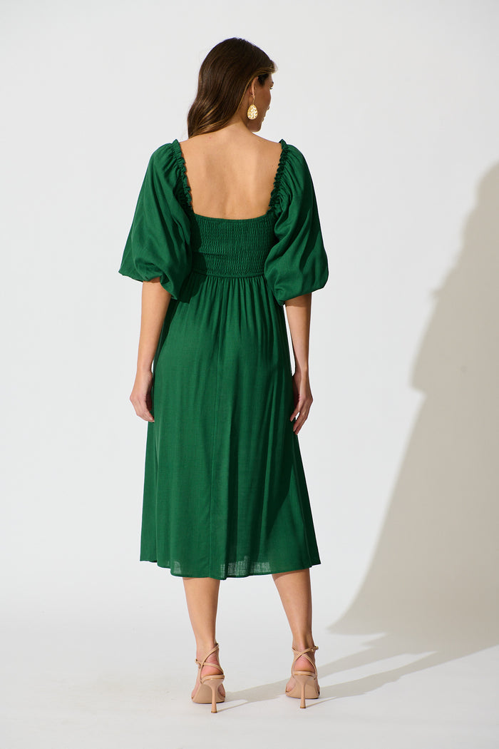 Solana Midi Dress in Emerald Linen Blend back