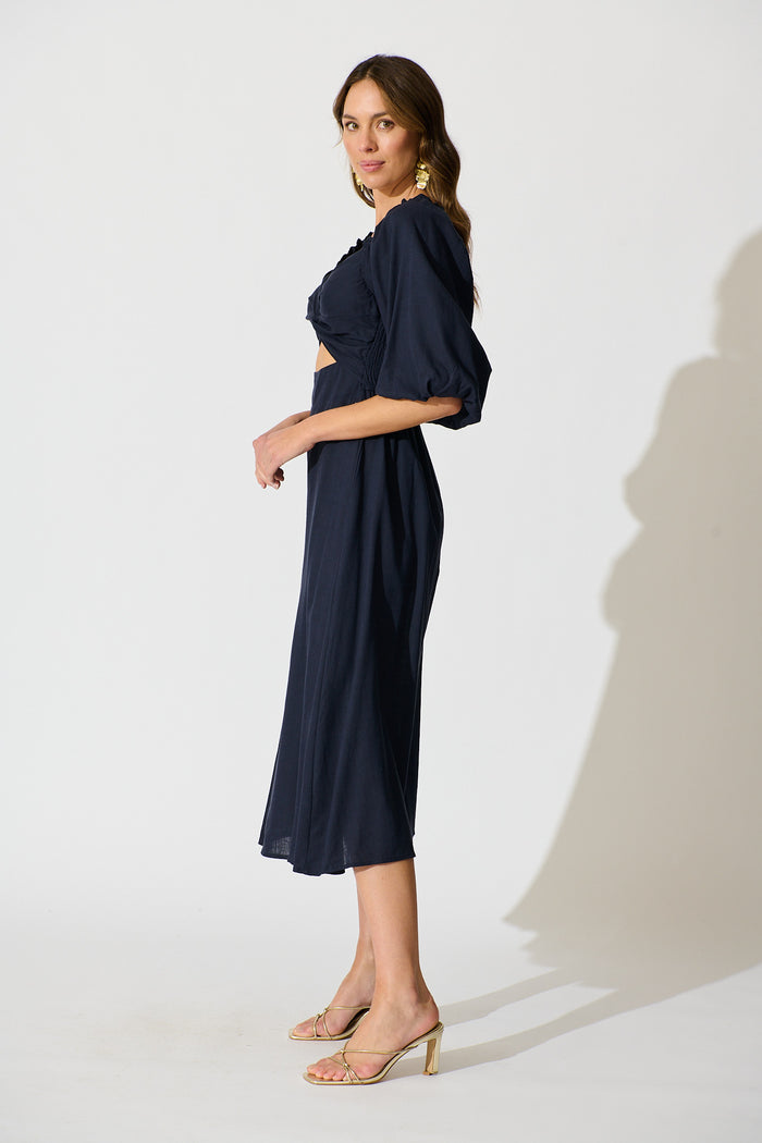 Solana Midi Dress in Navy Linen Blend side