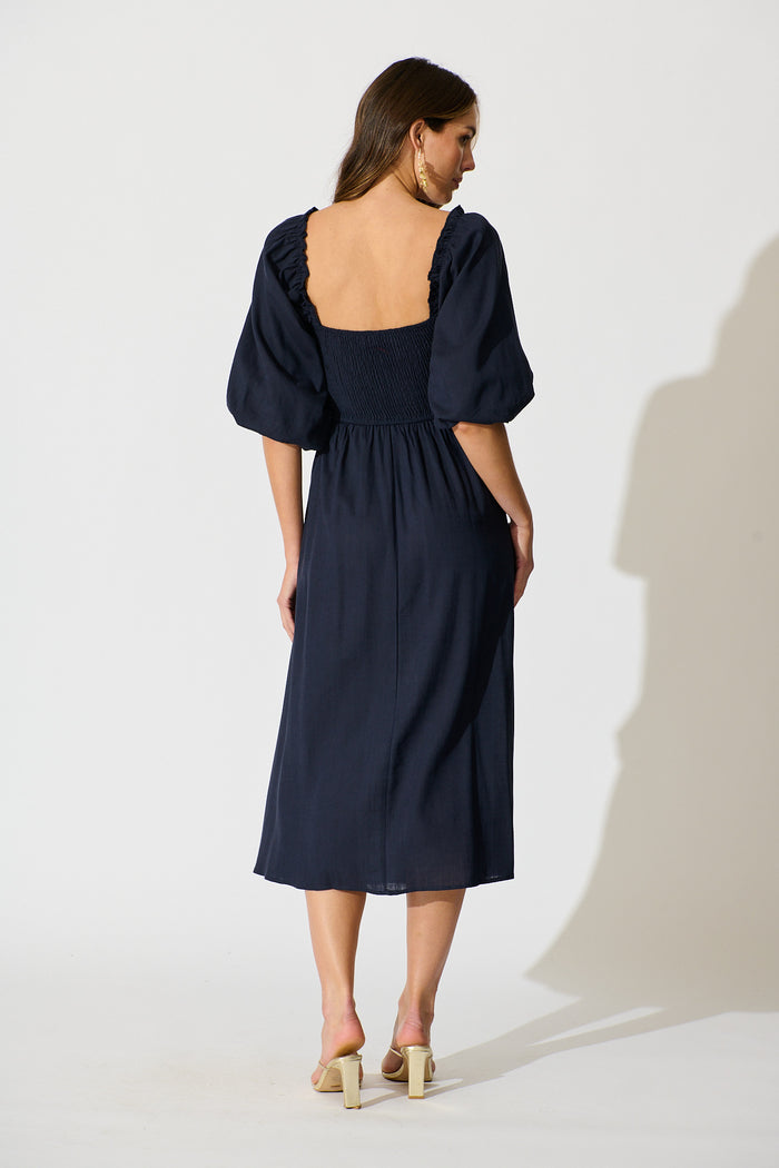 Solana Midi Dress in Navy Linen Blend back