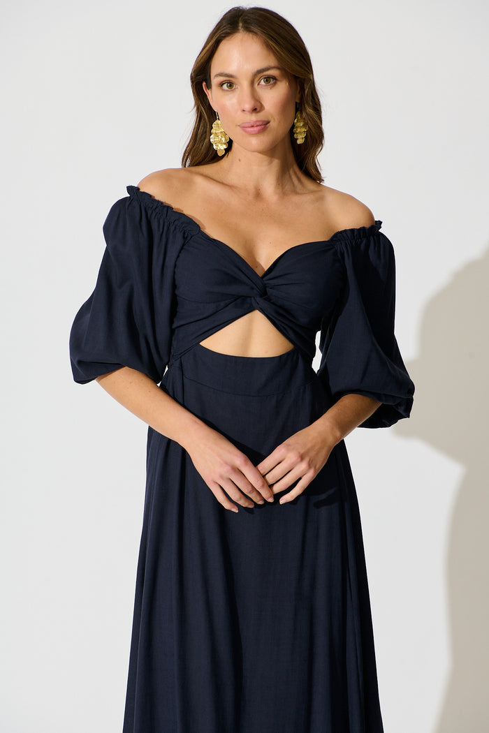 Solana Midi Dress in Navy Linen Blend front