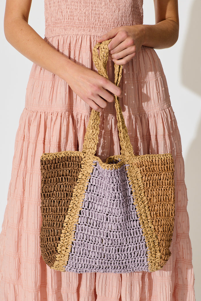 Mira Colourblock Tote Bag in Multi Raffia on model front