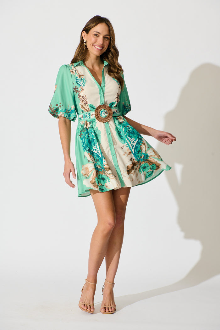 Enchanted Oasis Dress in Cream with Jade Print Linen Blend full length