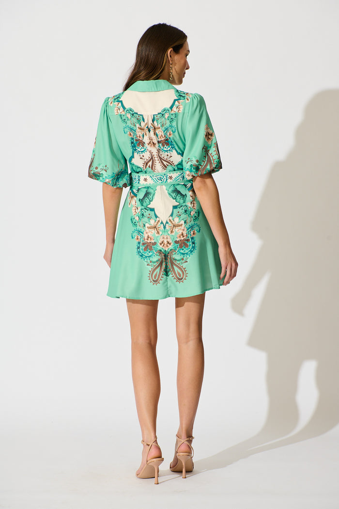 Enchanted Oasis Dress in Cream with Jade Print Linen Blend back