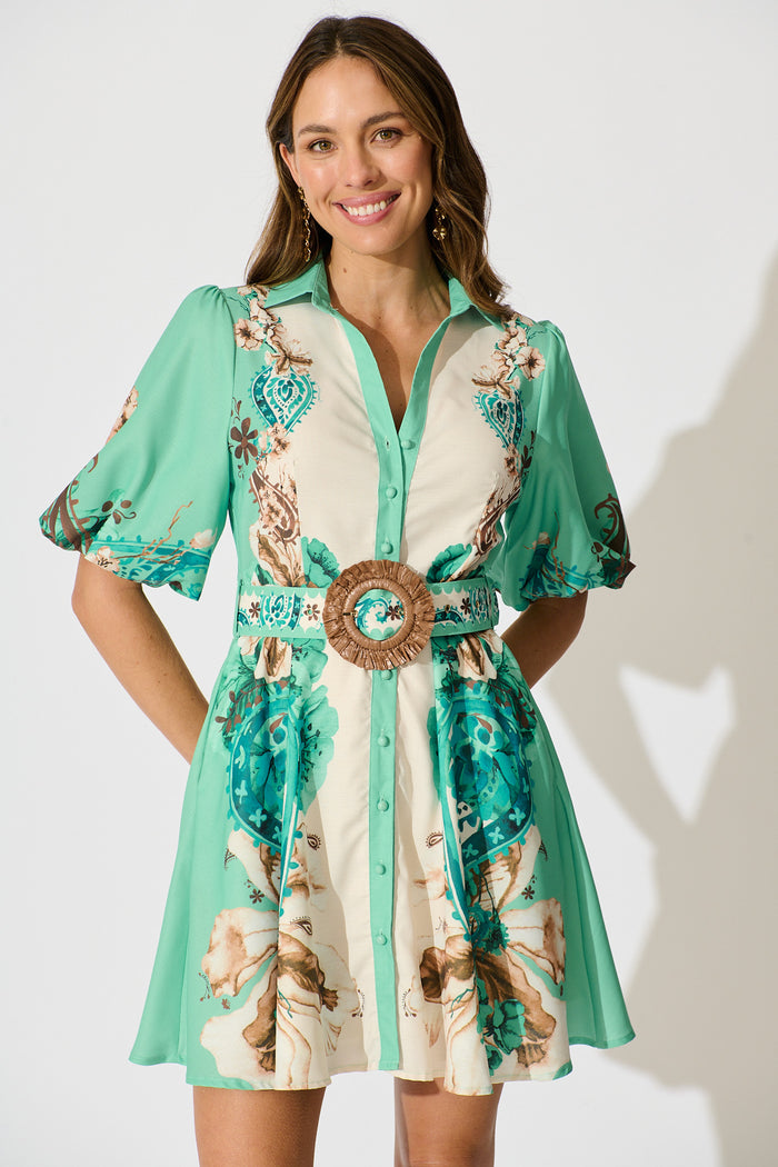 Enchanted Oasis Dress in Cream with Jade Print Linen Blend front