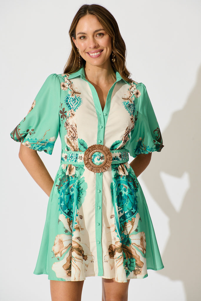 Enchanted Oasis Dress in Cream with Jade Print Linen Blend front