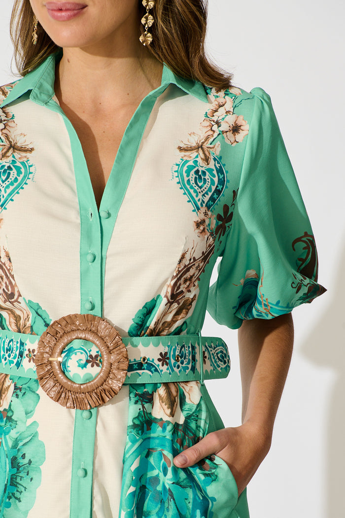 Enchanted Oasis Dress in Cream with Jade Print Linen Blend detail