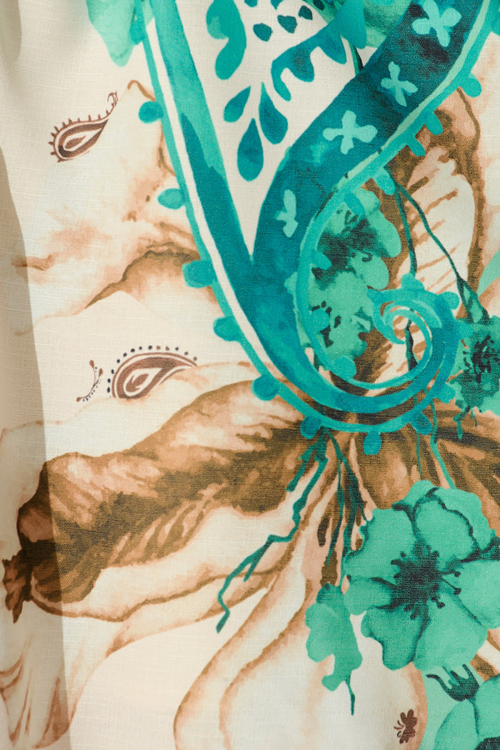 Enchanted Oasis Dress in Cream with Jade Print Linen Blend fabric