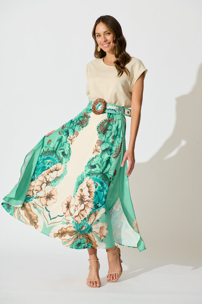 Boheme Breeze Skirt in Cream with Jade Print Linen Blend full length