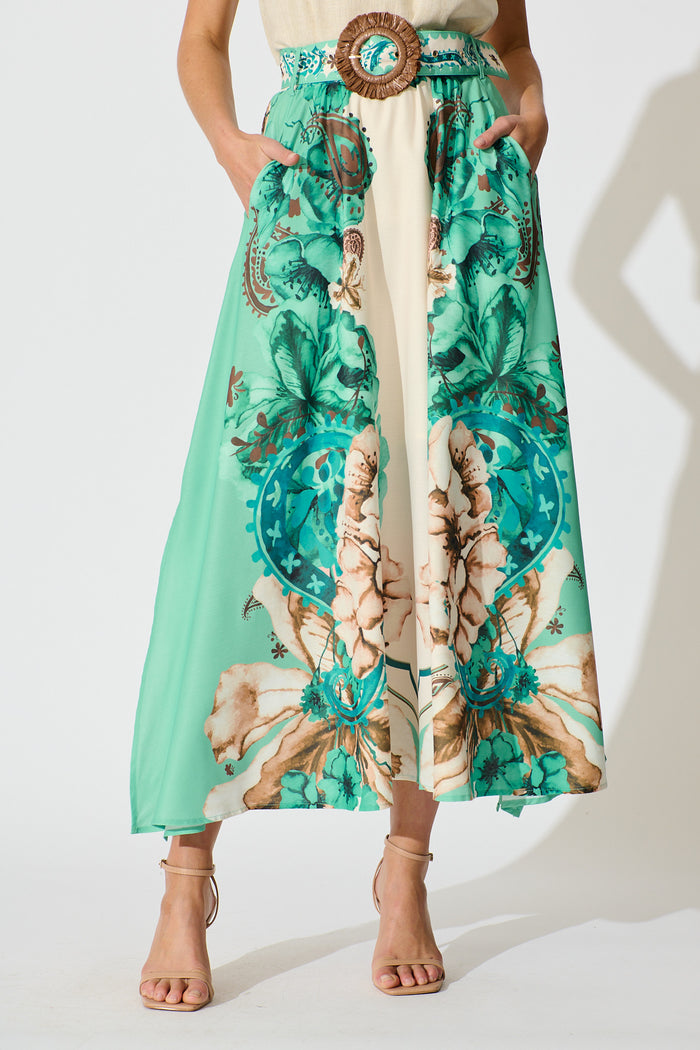 Boheme Breeze Skirt in Cream with Jade Print Linen Blend front