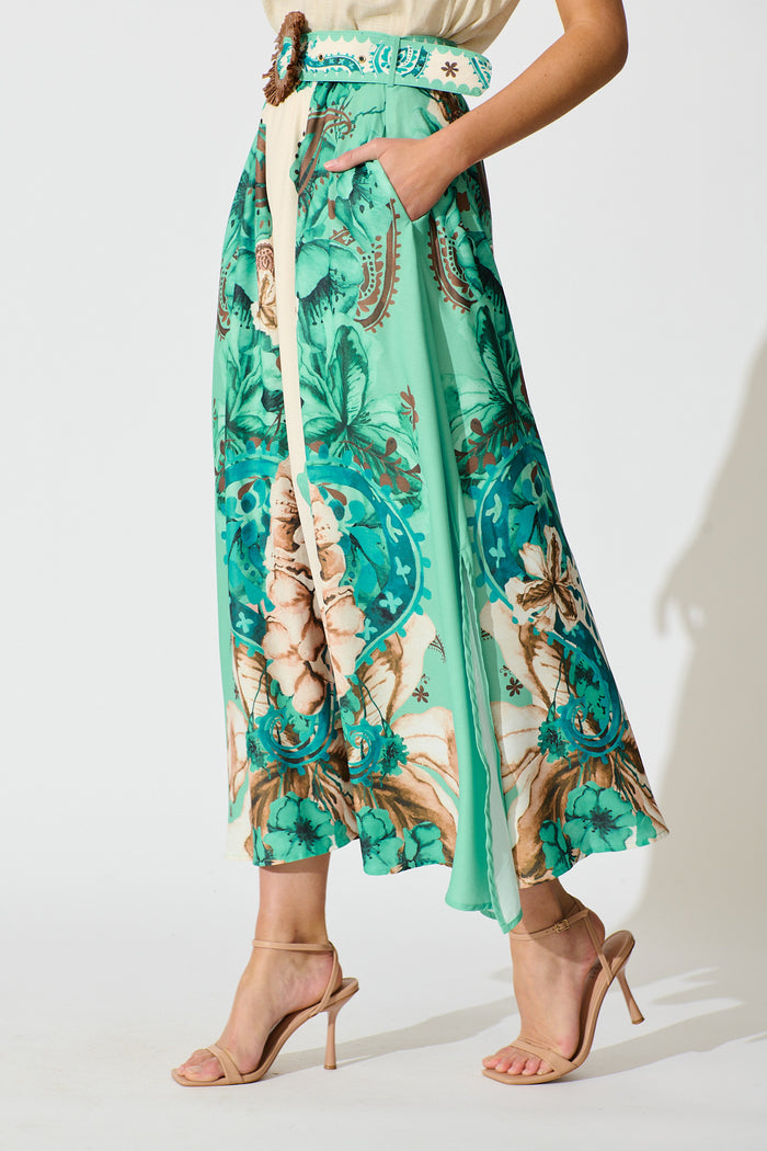 Boheme Breeze Skirt in Cream with Jade Print Linen Blend side