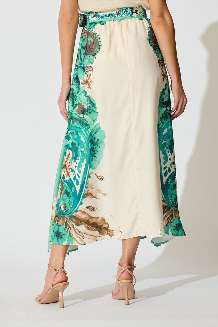 Boheme Breeze Skirt in Cream with Jade Print Linen Blend back