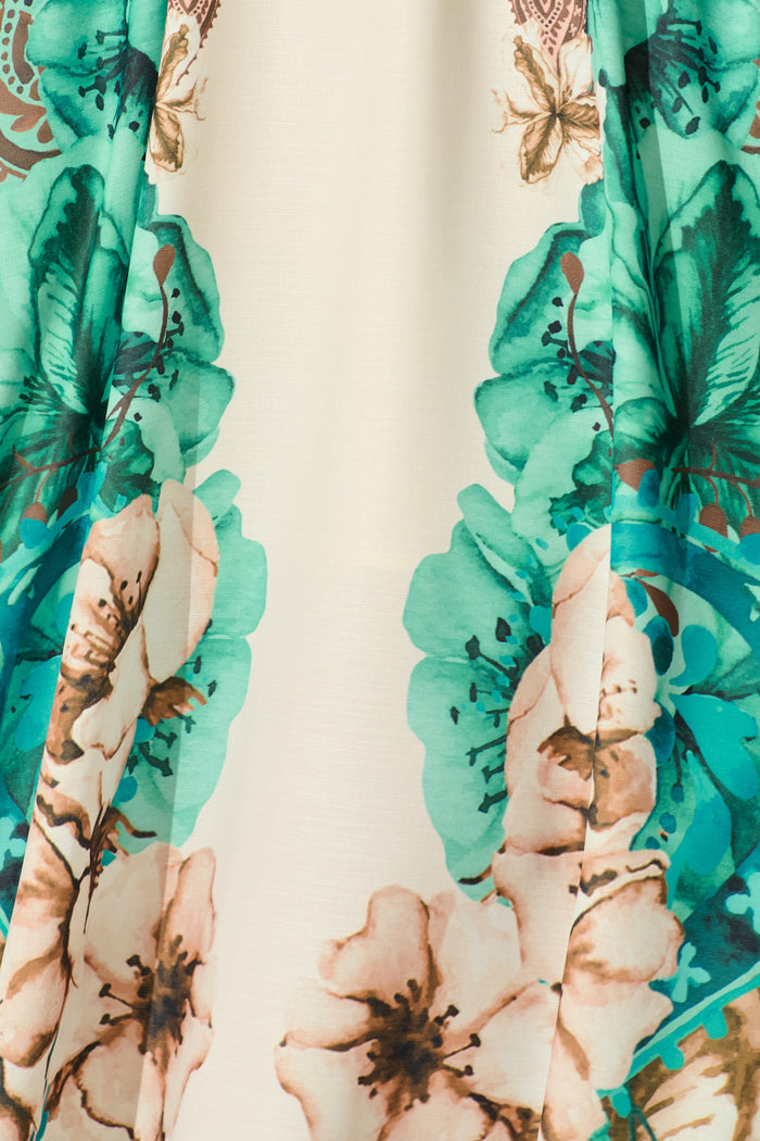 Boheme Breeze Skirt in Cream with Jade Print Linen Blend fabric