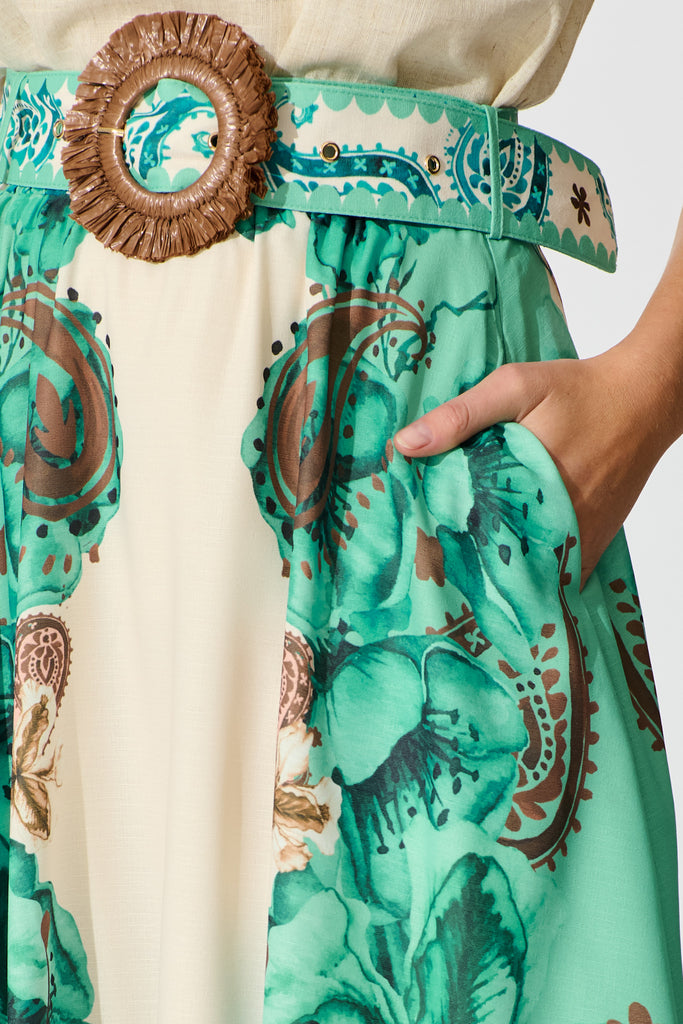 Boheme Breeze Skirt in Cream with Jade Print Linen Blend detail