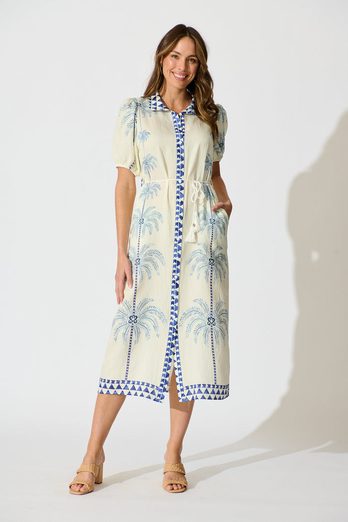 Palmira Midi Shirt Dress in White with Navy Palm Tree full length