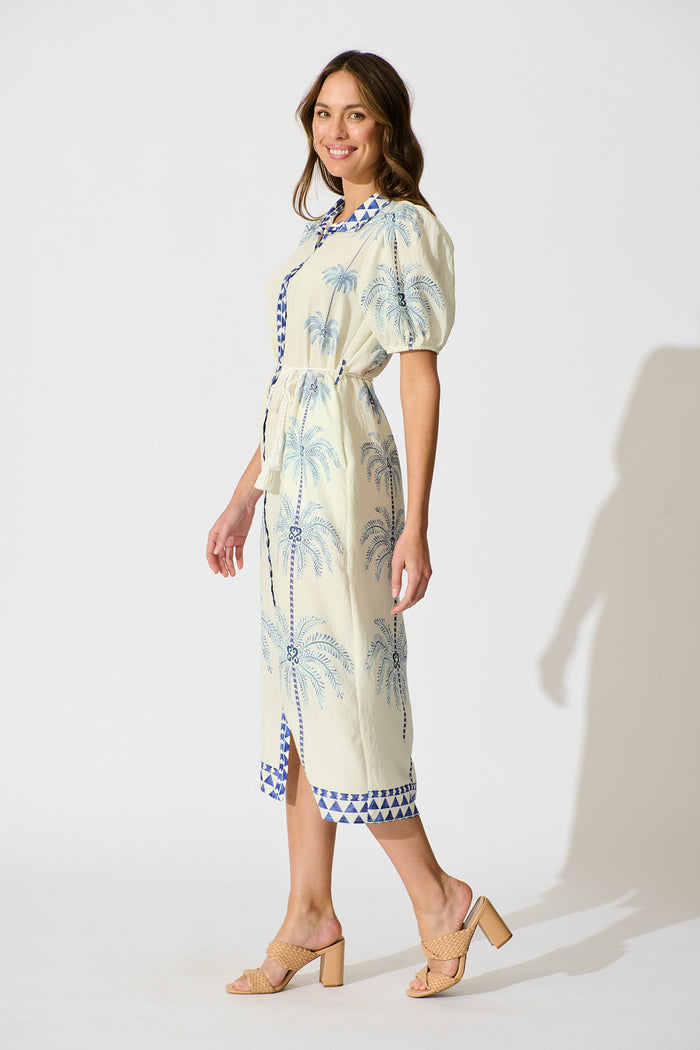 Palmira Midi Shirt Dress in White with Navy Palm Tree side