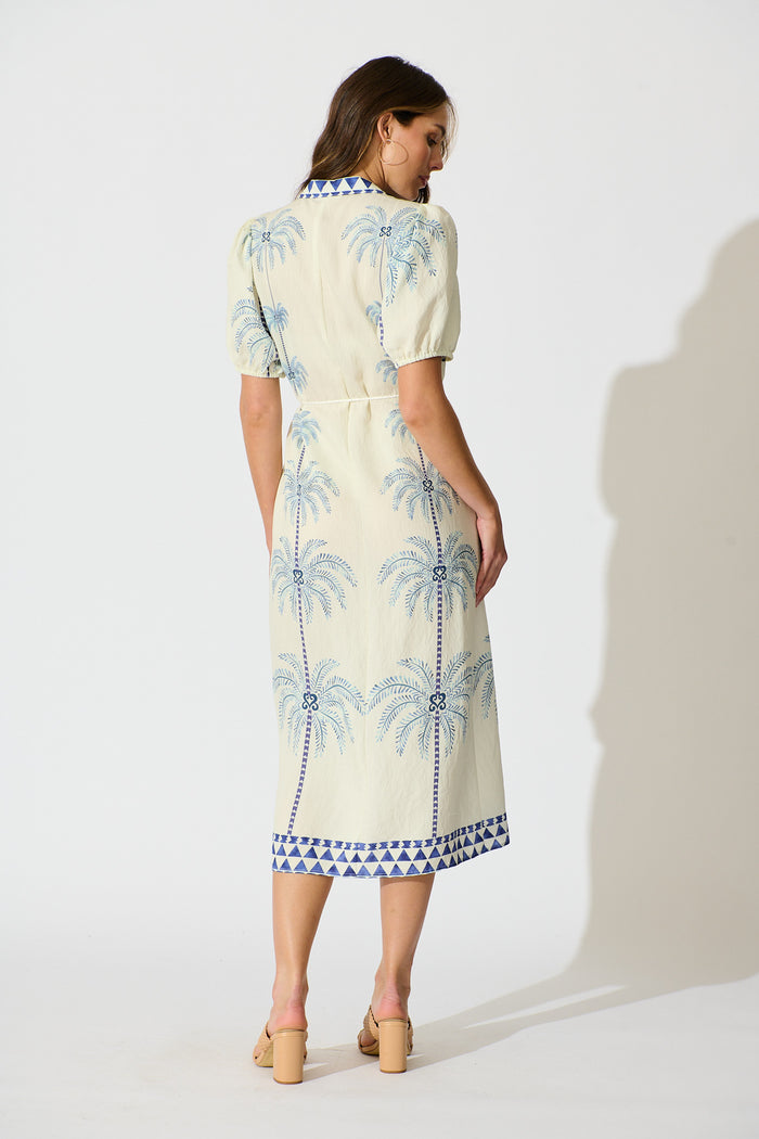 Palmira Midi Shirt Dress in White with Navy Palm Tree back