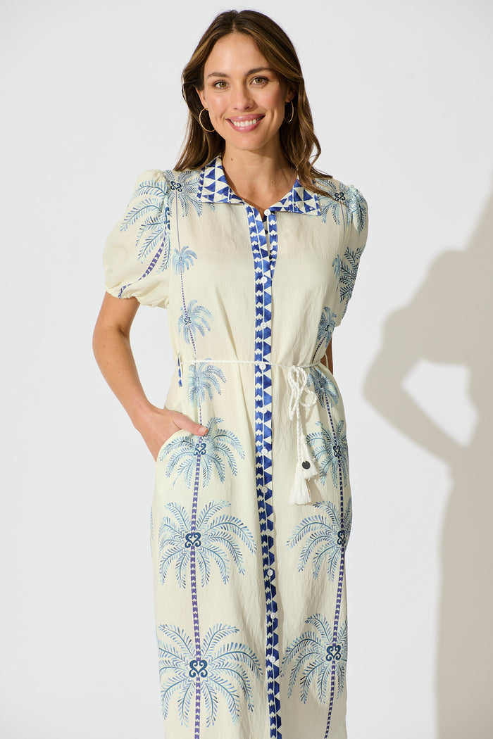 Palmira Midi Shirt Dress in White with Navy Palm Tree front