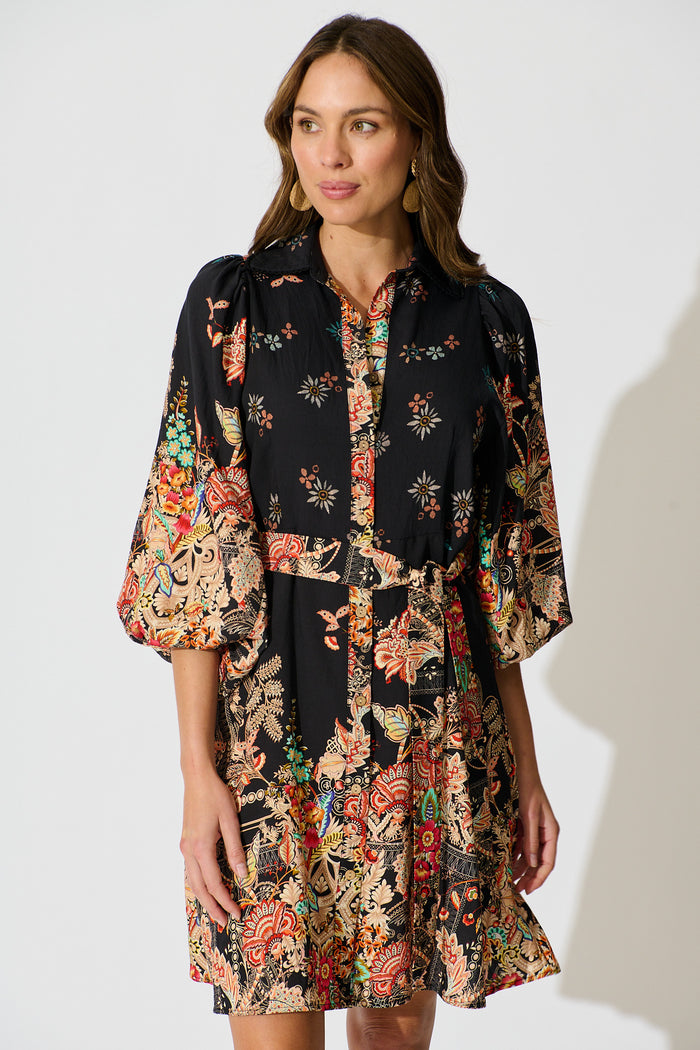 Starlet Boho Shirt Dress in Black Floral Linen Blend front