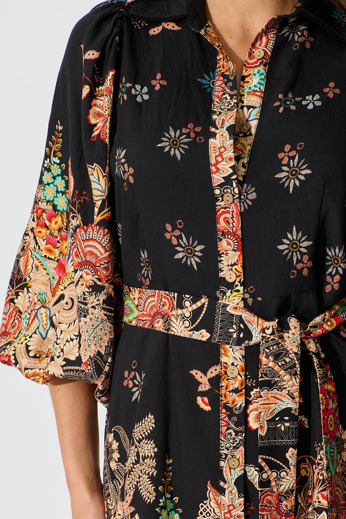 Starlet Boho Shirt Dress in Black Floral Linen Blend detail