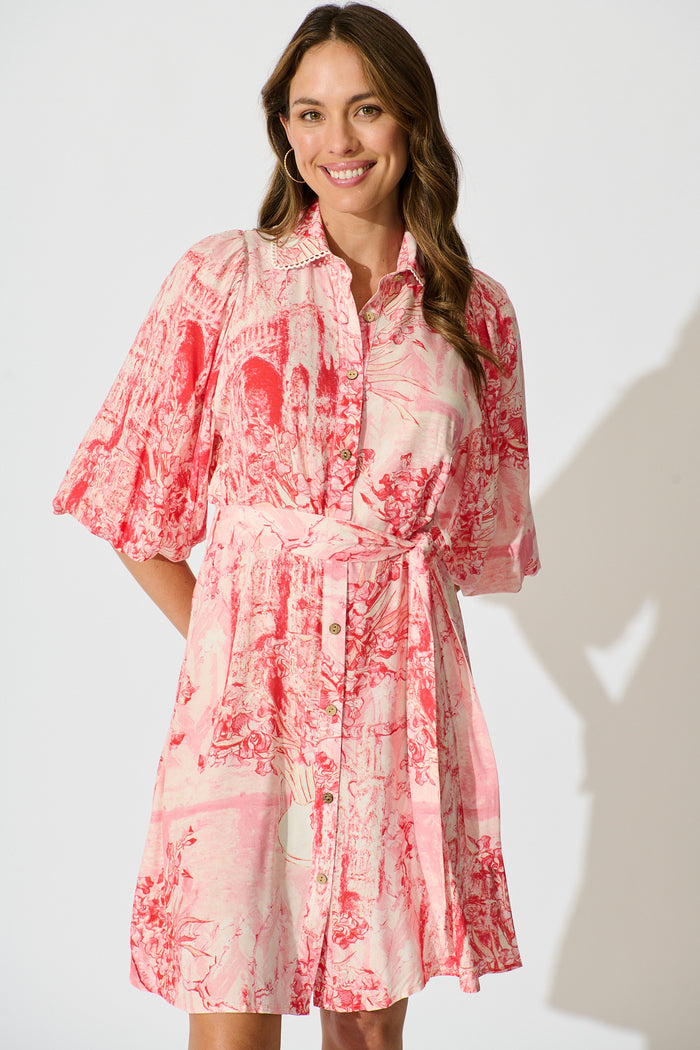 Laverna Shirt Dress in Multi Pink Print front