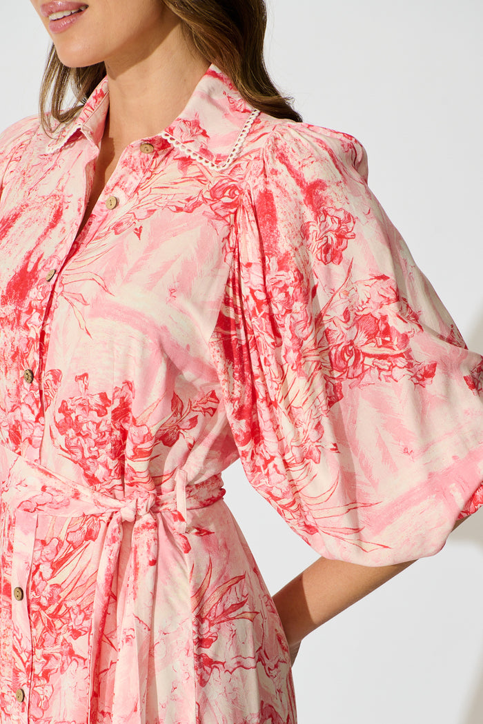Laverna Shirt Dress in Multi Pink Print detail