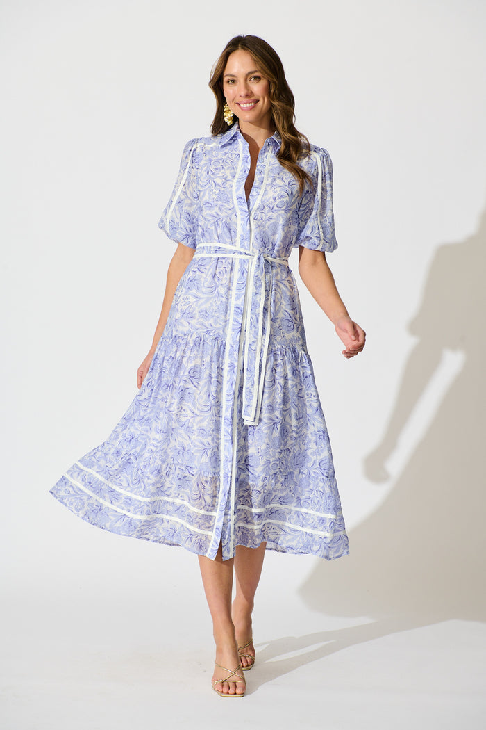 Zora Maxi Shirt Dress in Blue Floral Cotton Blend full length