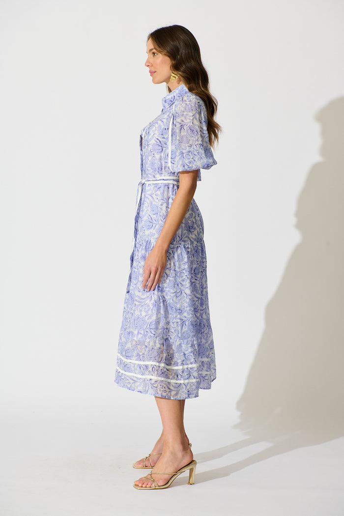Zora Maxi Shirt Dress in Blue Floral Cotton Blend side