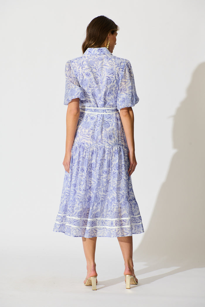 Zora Maxi Shirt Dress in Blue Floral Cotton Blend back