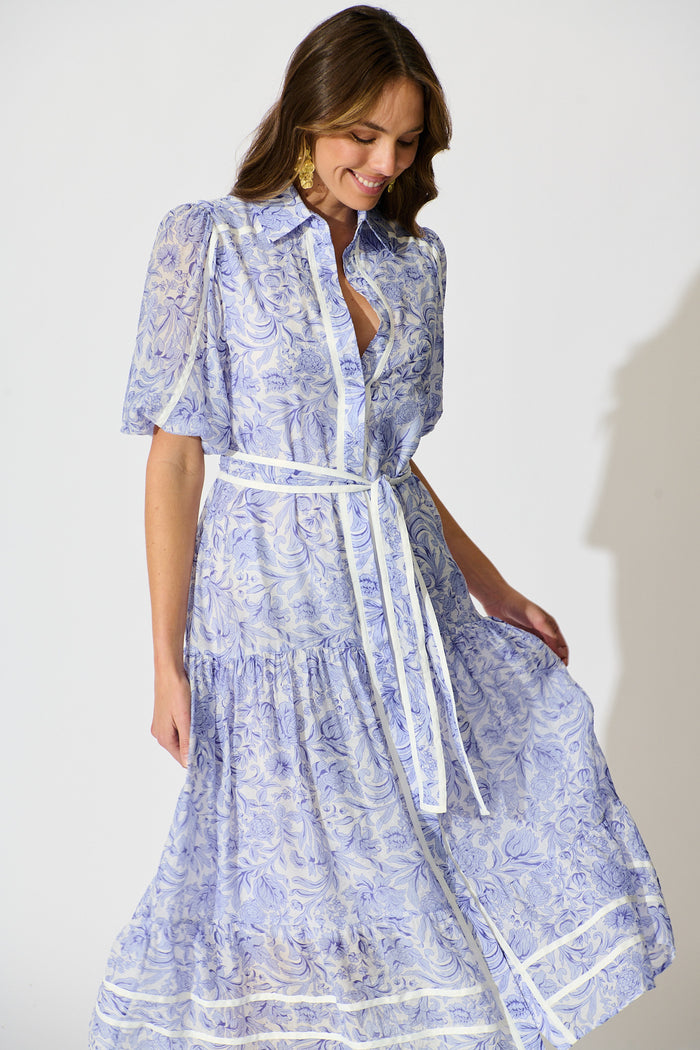 Zora Maxi Shirt Dress in Blue Floral Cotton Blend front