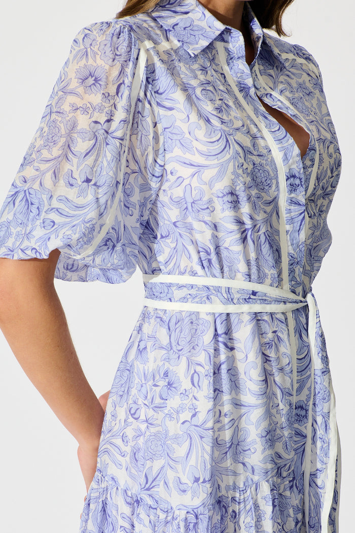 Zora Maxi Shirt Dress in Blue Floral Cotton Blend detail