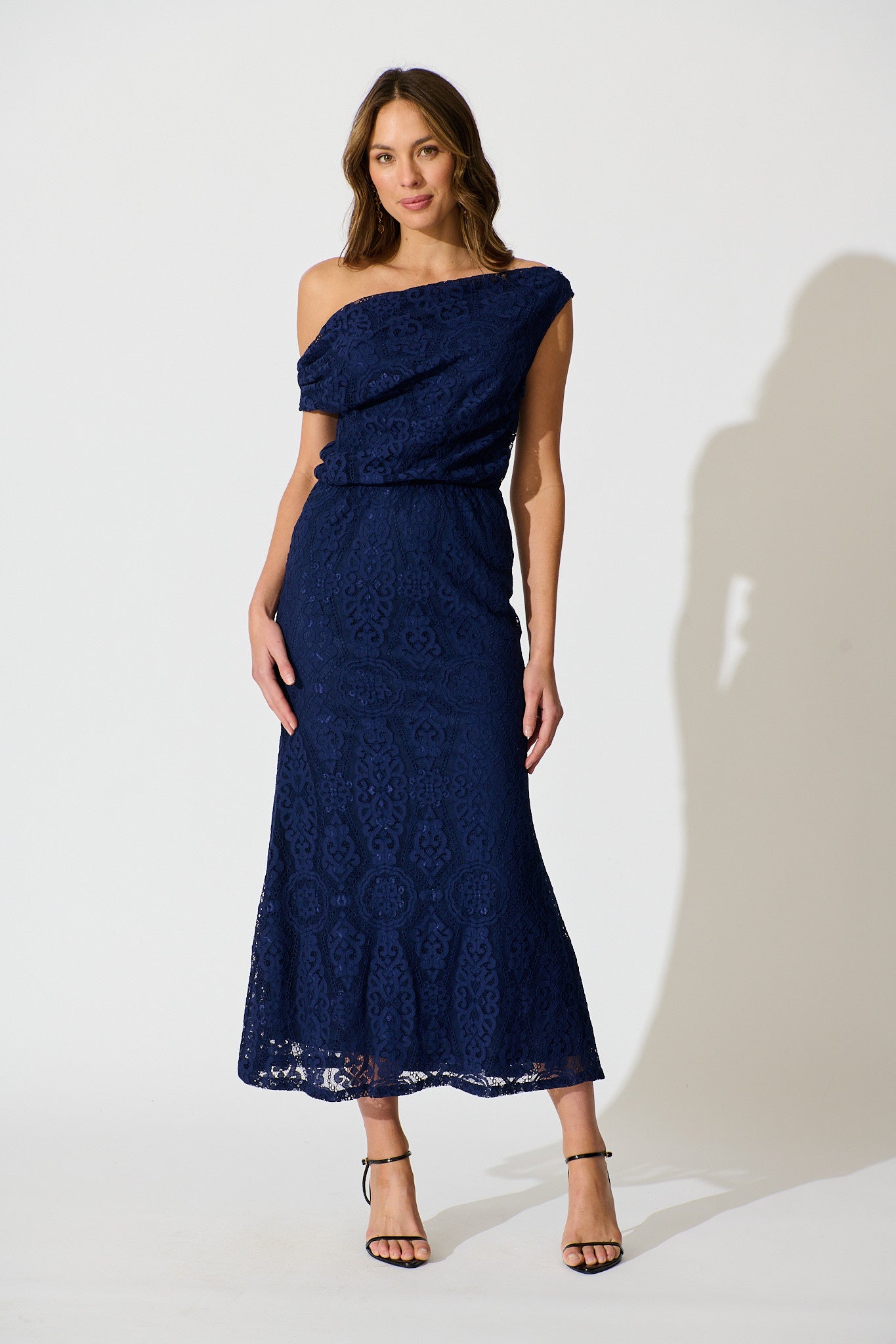 Valencia Lace Midi Dress in Navy full length