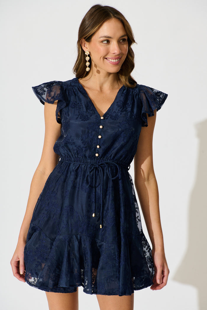 Embroidered Grace Dress in Navy front