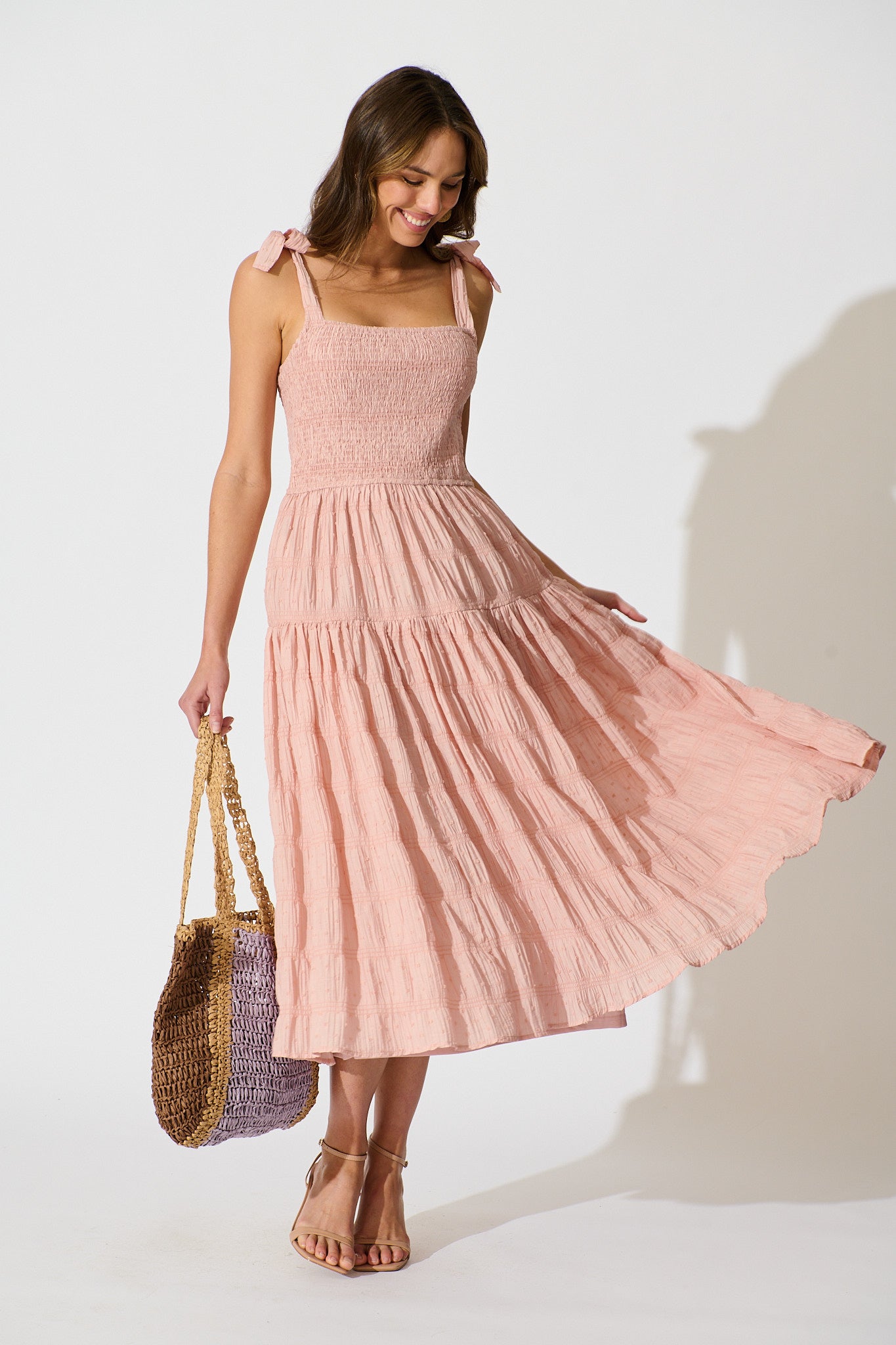 Lila Rea Maxi Sundress in Blush Swiss Dot full length